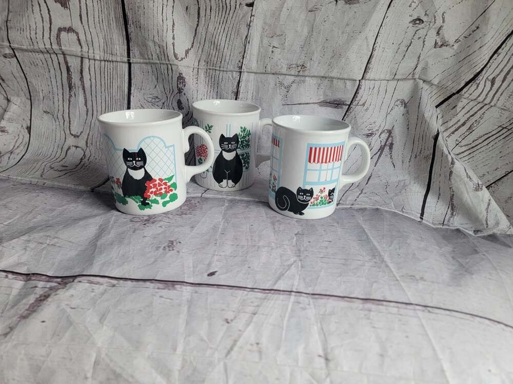 3 Vintage Sadler Black Kitty Cat Mug by Boots Chemist 1980s Made In England